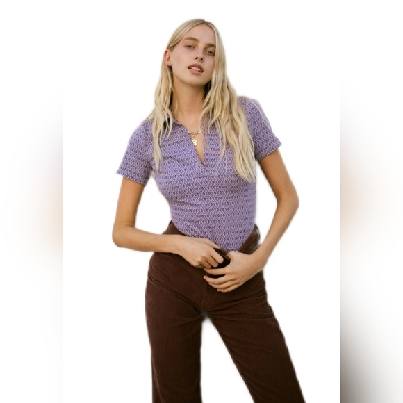 🌞NWOT Zara Geometric Open-Back Collared V-Neck Short Sleeve Bodysuit Lilac M - Picture 2 of 10